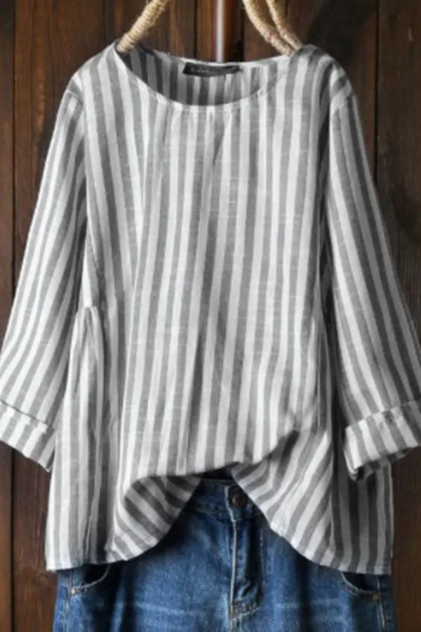 Stripe Printing Round Neck Blouse