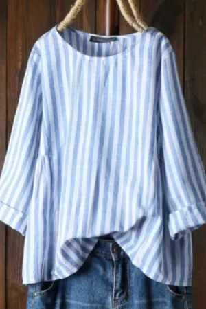 Stripe Printing Round Neck Blouse