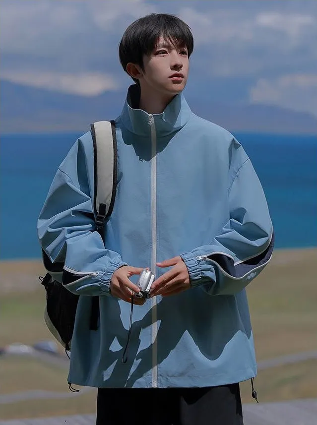 Stylish Patchwork Stand-Up Collar Rain Coat for Men