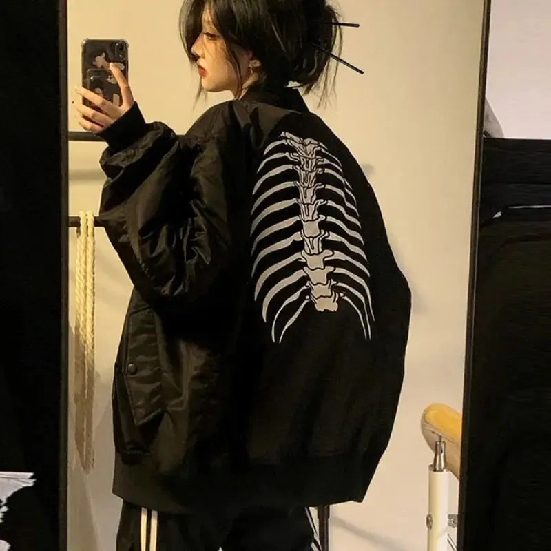 Stylish Skeleton Jacket with O-Neck for Y2K Fashion Enthusiasts