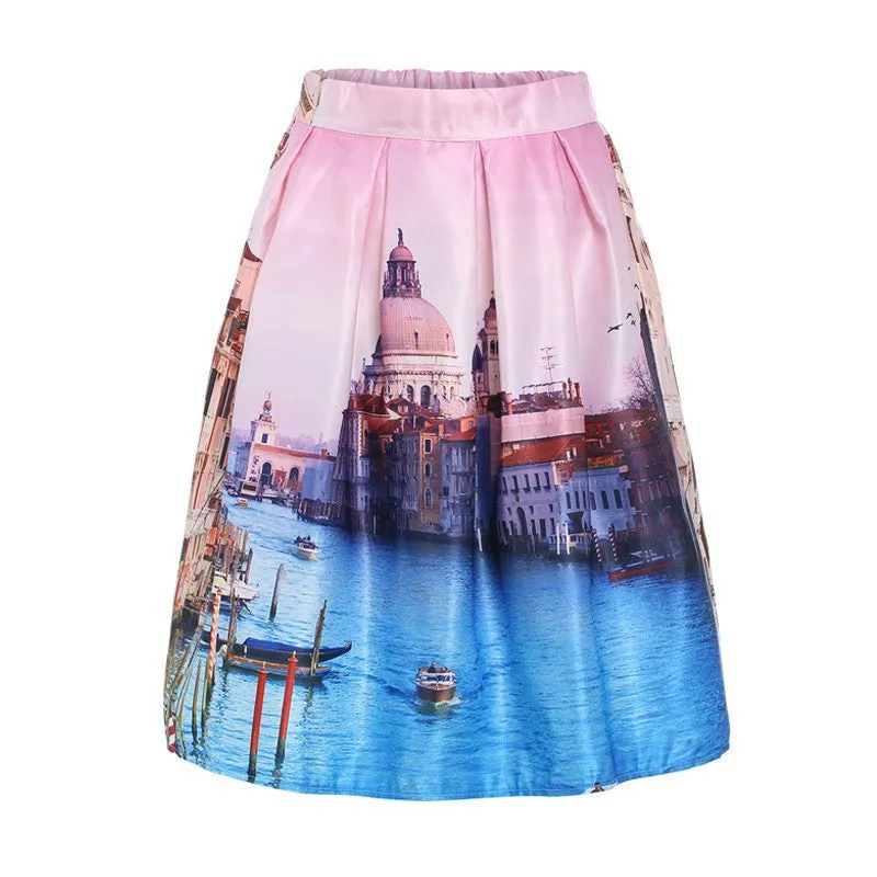 Summer Skater Skirt Vintage Charm Lady Multi Scene Print Pleated Midi Office Skirt Tutu Elegant Womens Skirts