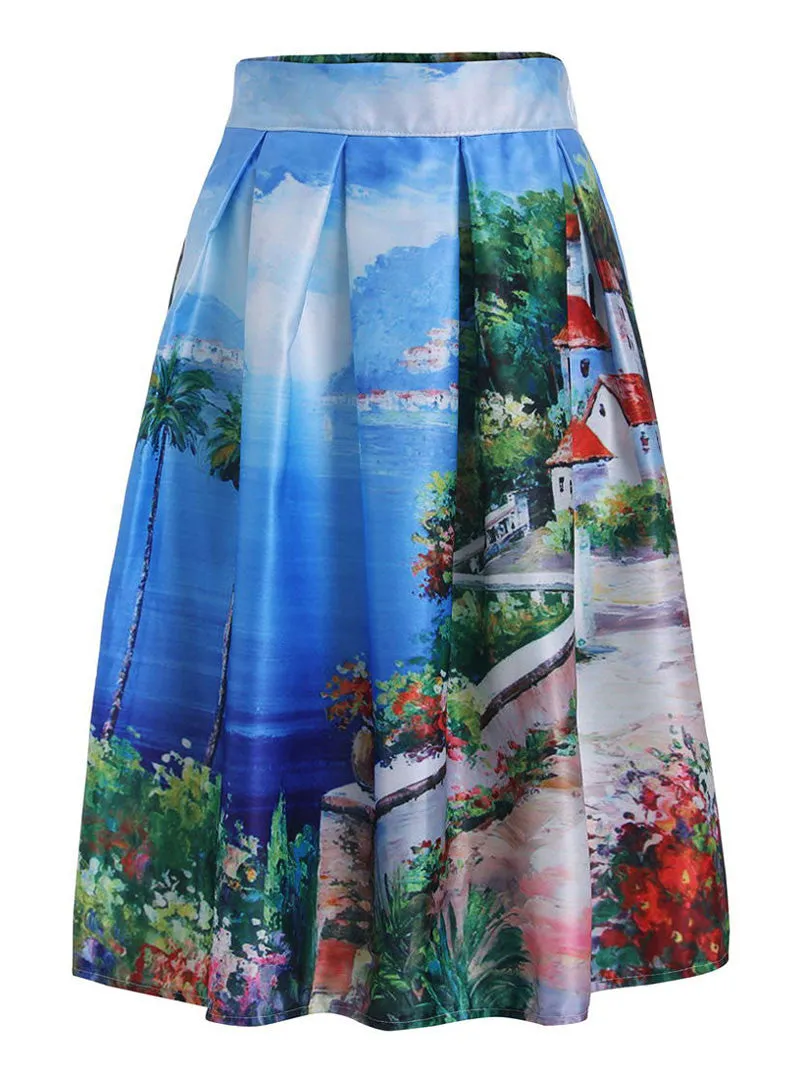 Summer Skater Skirt Vintage Charm Lady Multi Scene Print Pleated Midi Office Skirt Tutu Elegant Womens Skirts
