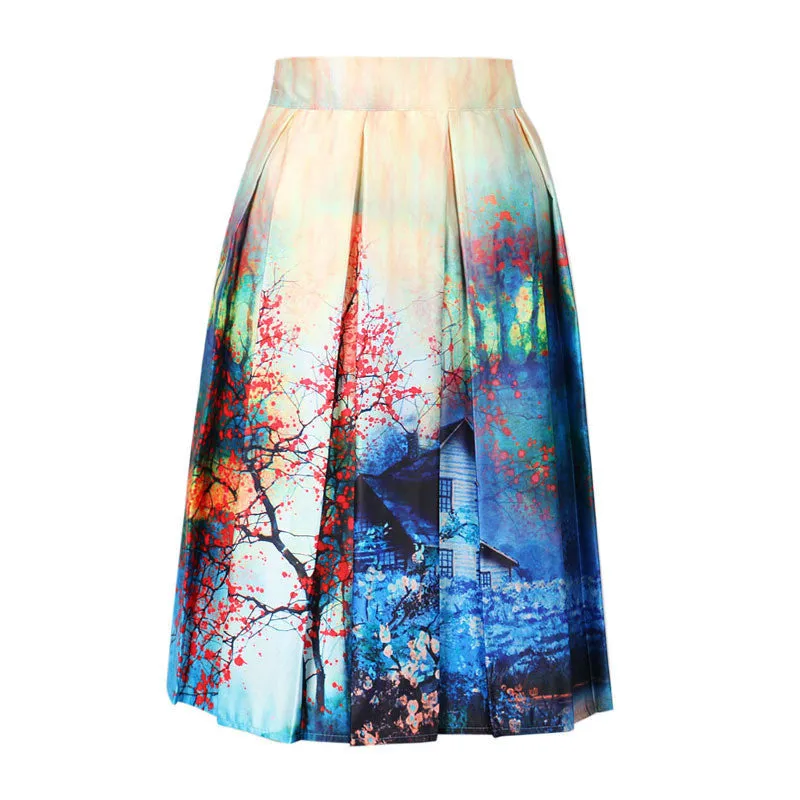 Summer Skater Skirt Vintage Charm Lady Multi Scene Print Pleated Midi Office Skirt Tutu Elegant Womens Skirts