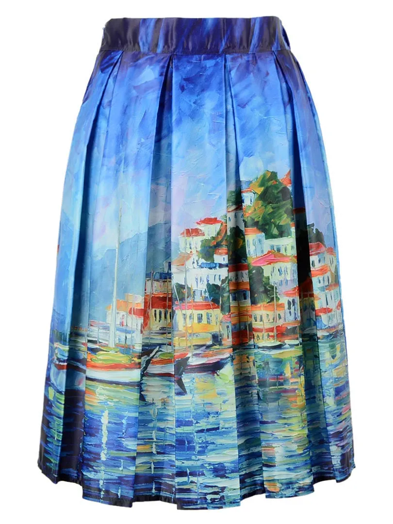 Summer Skater Skirt Vintage Charm Lady Multi Scene Print Pleated Midi Office Skirt Tutu Elegant Womens Skirts