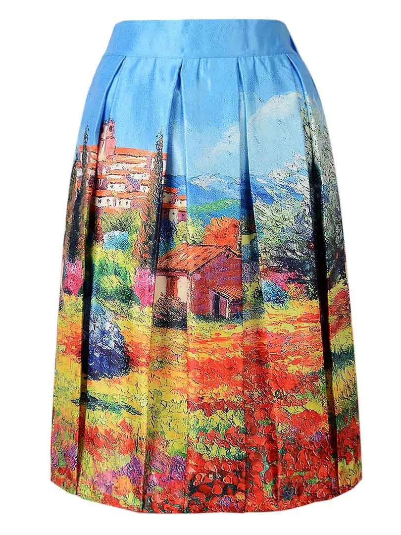 Summer Skater Skirt Vintage Charm Lady Multi Scene Print Pleated Midi Office Skirt Tutu Elegant Womens Skirts