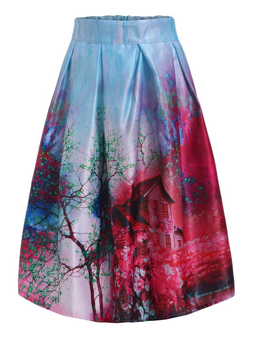 Summer Skater Skirt Vintage Charm Lady Multi Scene Print Pleated Midi Office Skirt Tutu Elegant Womens Skirts
