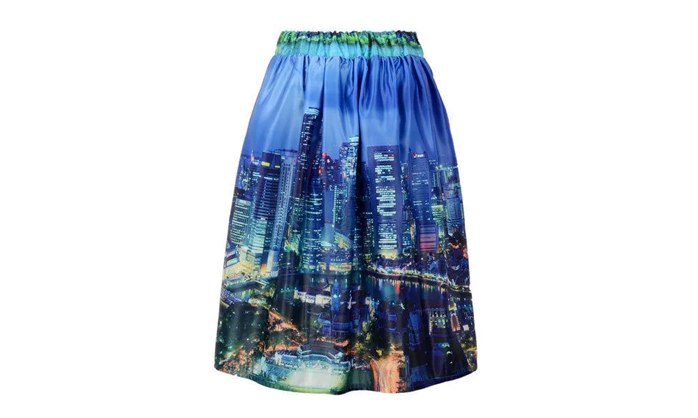 Summer Skater Skirt Vintage Charm Lady Multi Scene Print Pleated Midi Office Skirt Tutu Elegant Womens Skirts