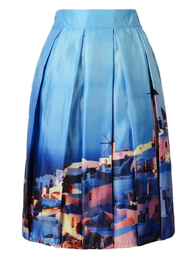 Summer Skater Skirt Vintage Charm Lady Multi Scene Print Pleated Midi Office Skirt Tutu Elegant Womens Skirts
