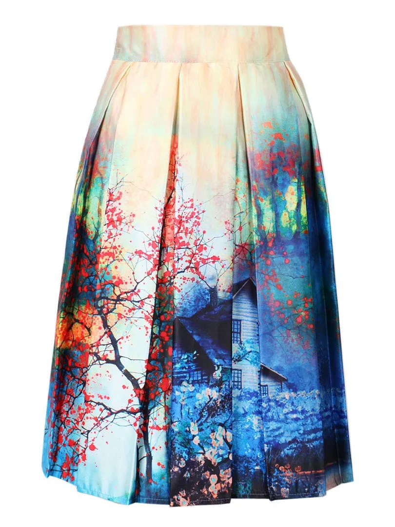 Summer Skater Skirt Vintage Charm Lady Multi Scene Print Pleated Midi Office Skirt Tutu Elegant Womens Skirts