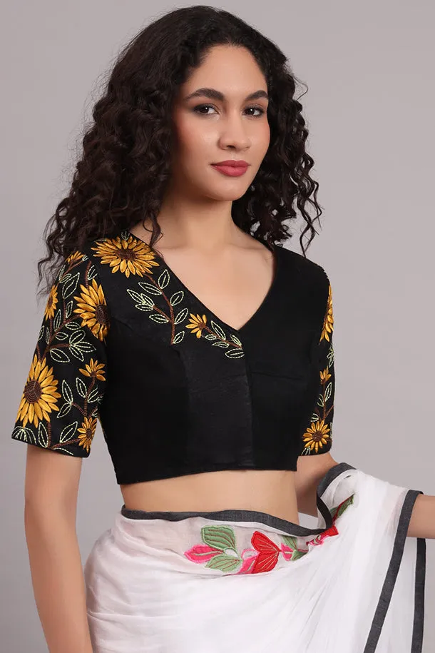 Sunflower Embroidered Cotton Blouse – Black