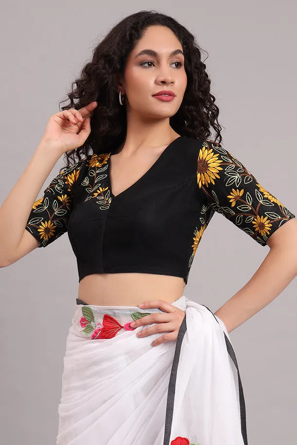 Sunflower Embroidered Cotton Blouse – Black