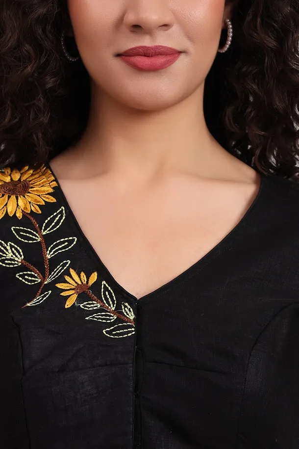 Sunflower Embroidered Cotton Blouse – Black