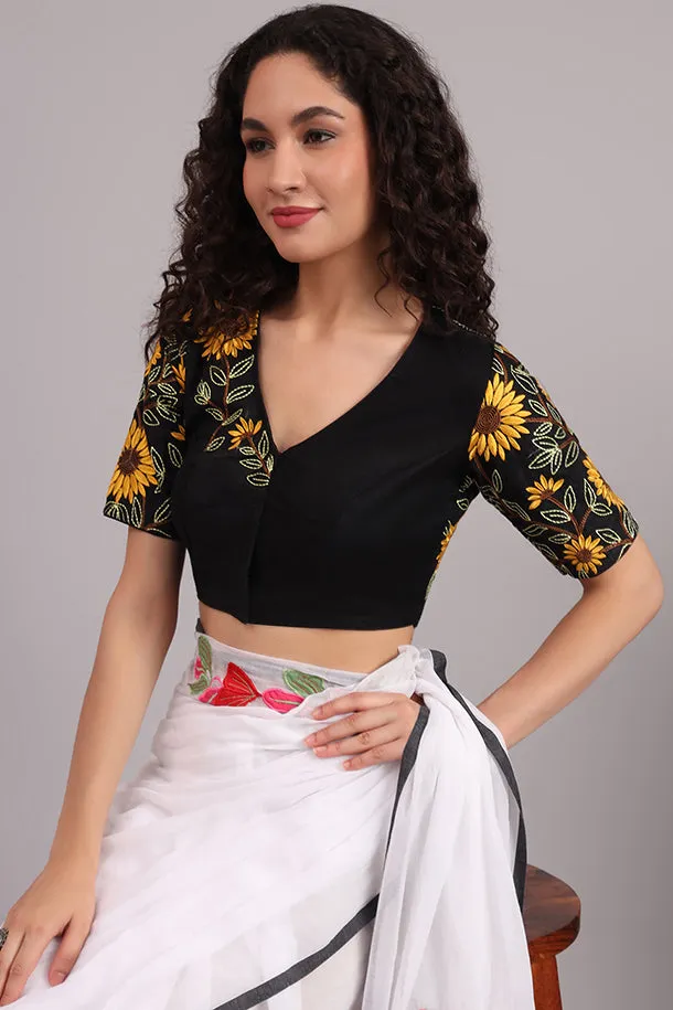Sunflower Embroidered Cotton Blouse – Black