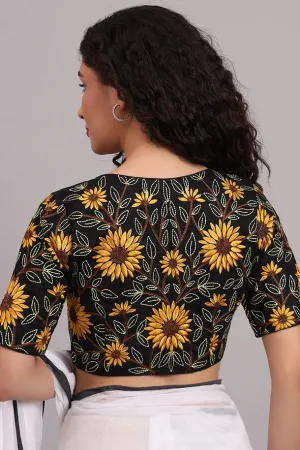 Sunflower Embroidered Cotton Blouse – Black