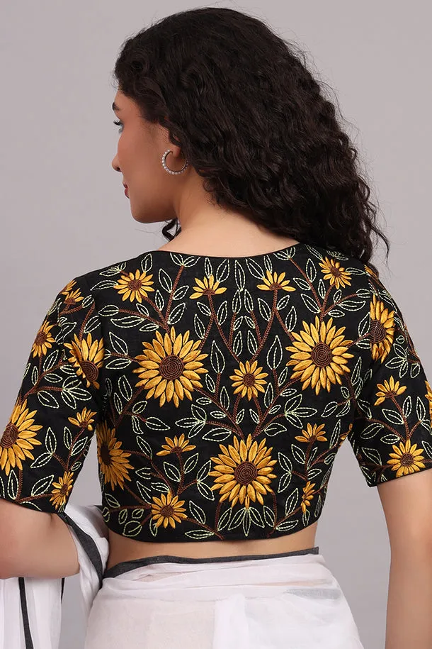Sunflower Embroidered Cotton Blouse – Black
