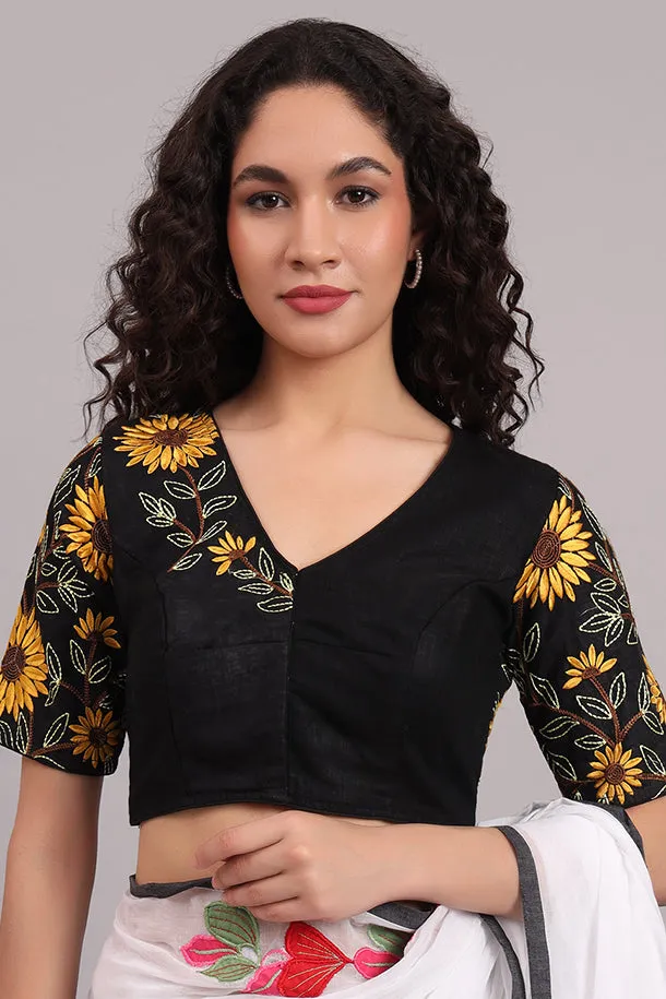 Sunflower Embroidered Cotton Blouse – Black