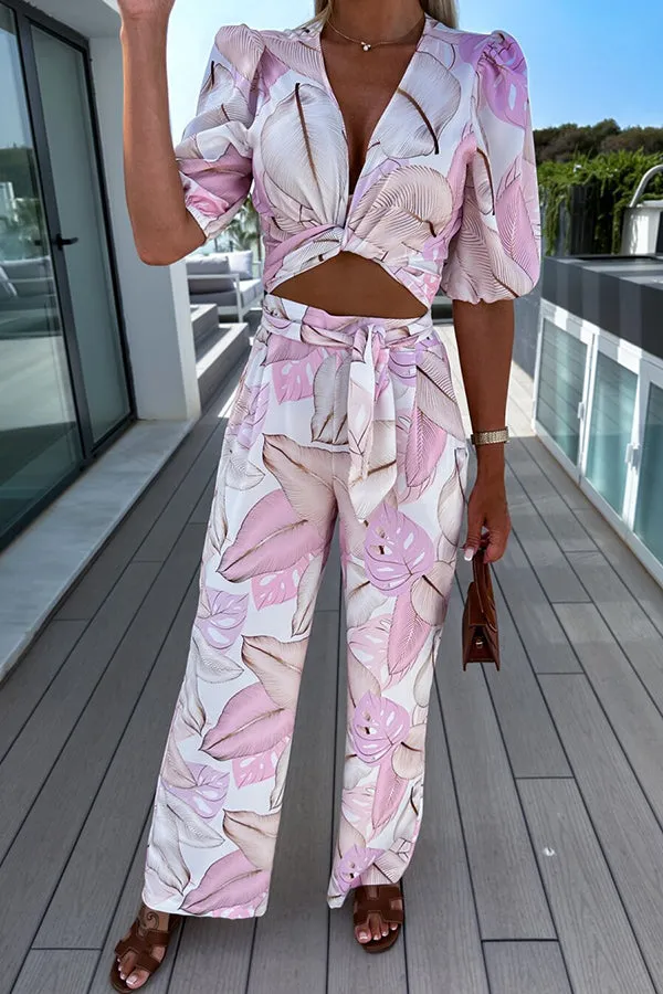 Sunny Beach Tropical Print Tie-up Top and Pocketed Elastic Waist Pants Set