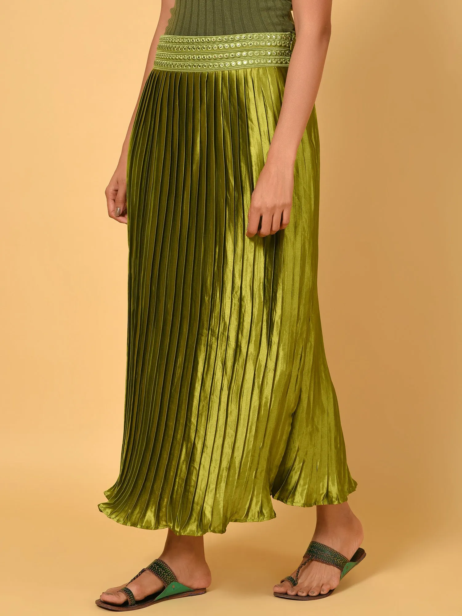 Sway in the Green pleated satin skirt