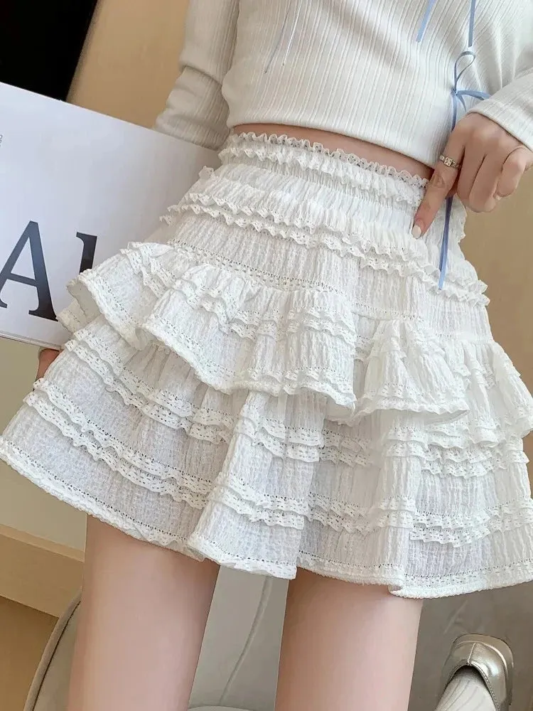 Sweet Cute Lace Mini Skirt Women Kawaii White Ruffles Pleated Skirts Summer Korean High Waist Black Casual A Line Skirt
