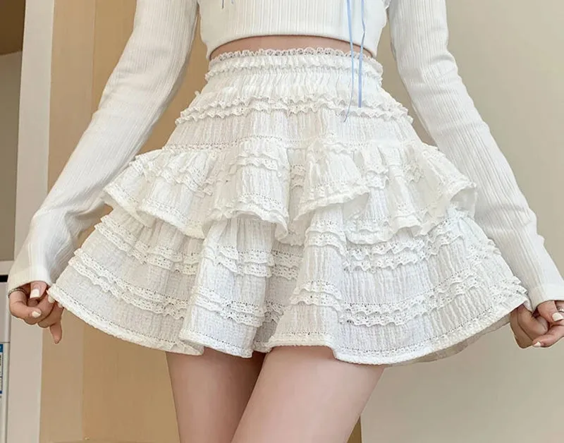 Sweet Cute Lace Mini Skirt Women Kawaii White Ruffles Pleated Skirts Summer Korean High Waist Black Casual A Line Skirt