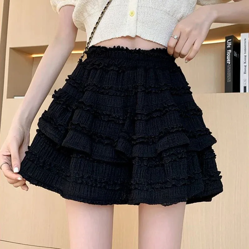 Sweet Cute Lace Mini Skirt Women Kawaii White Ruffles Pleated Skirts Summer Korean High Waist Black Casual A Line Skirt
