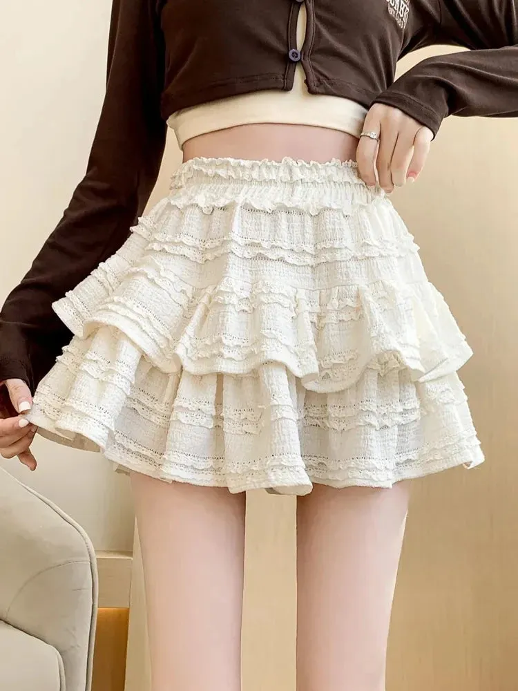 Sweet Cute Lace Mini Skirt Women Kawaii White Ruffles Pleated Skirts Summer Korean High Waist Black Casual A Line Skirt
