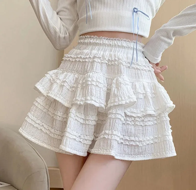 Sweet Cute Lace Mini Skirt Women Kawaii White Ruffles Pleated Skirts Summer Korean High Waist Black Casual A Line Skirt