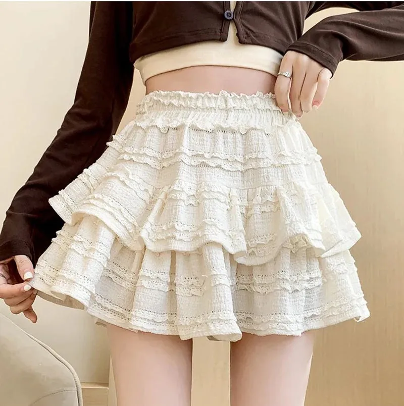 Sweet Cute Lace Mini Skirt Women Kawaii White Ruffles Pleated Skirts Summer Korean High Waist Black Casual A Line Skirt