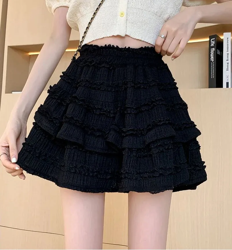 Sweet Cute Lace Mini Skirt Women Kawaii White Ruffles Pleated Skirts Summer Korean High Waist Black Casual A Line Skirt