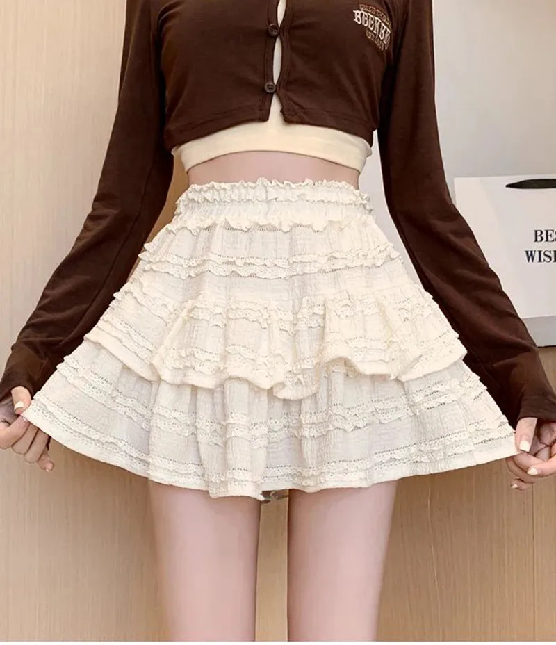 Sweet Cute Lace Mini Skirt Women Kawaii White Ruffles Pleated Skirts Summer Korean High Waist Black Casual A Line Skirt