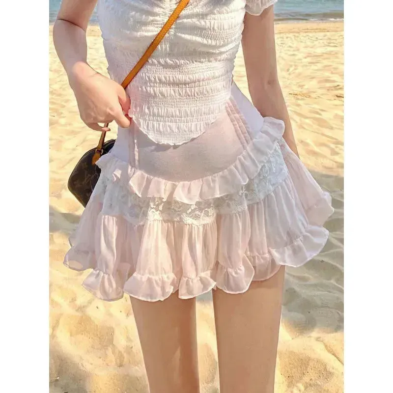 Sweet Girl Lolita High Waist Slimming Flounce Chiffon layered Mini Lace Skirt