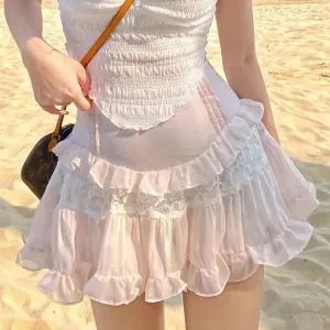 Sweet Girl Lolita High Waist Slimming Flounce Chiffon layered Mini Lace Skirt
