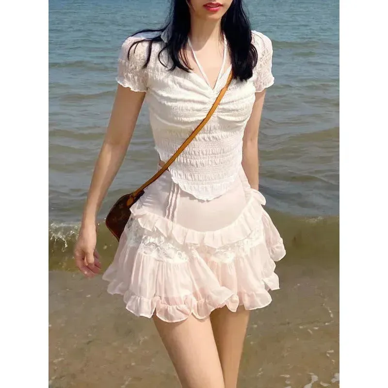 Sweet Girl Lolita High Waist Slimming Flounce Chiffon layered Mini Lace Skirt