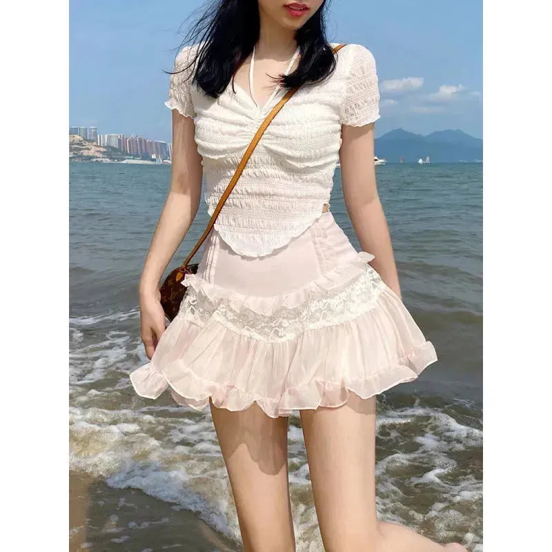 Sweet Girl Lolita High Waist Slimming Flounce Chiffon layered Mini Lace Skirt