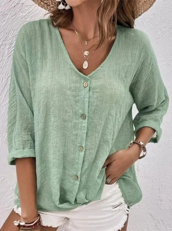 Tania - Long-sleeved V-neck top with comfortable buttons in cotton and linen
