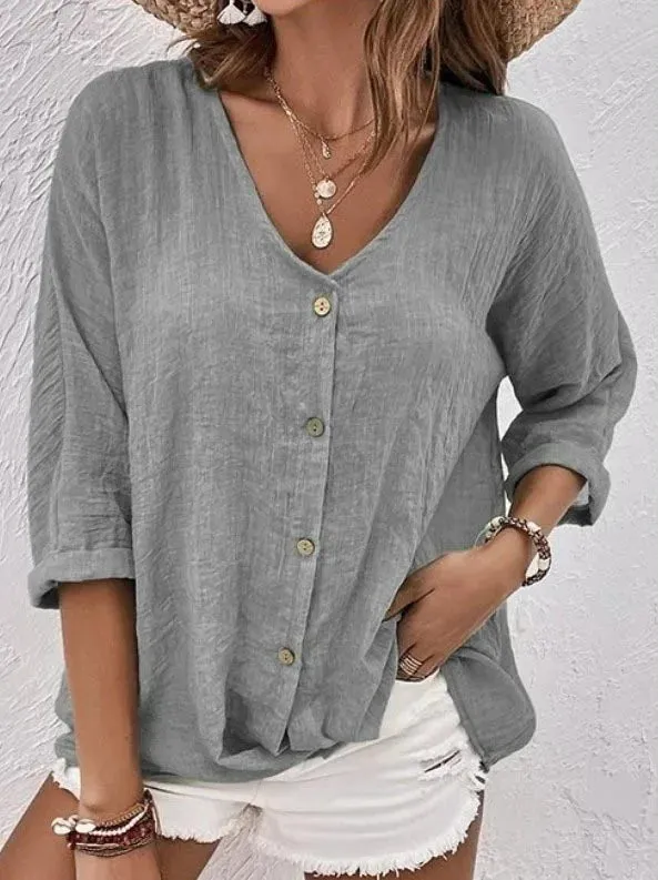 Tania - Long-sleeved V-neck top with comfortable buttons in cotton and linen