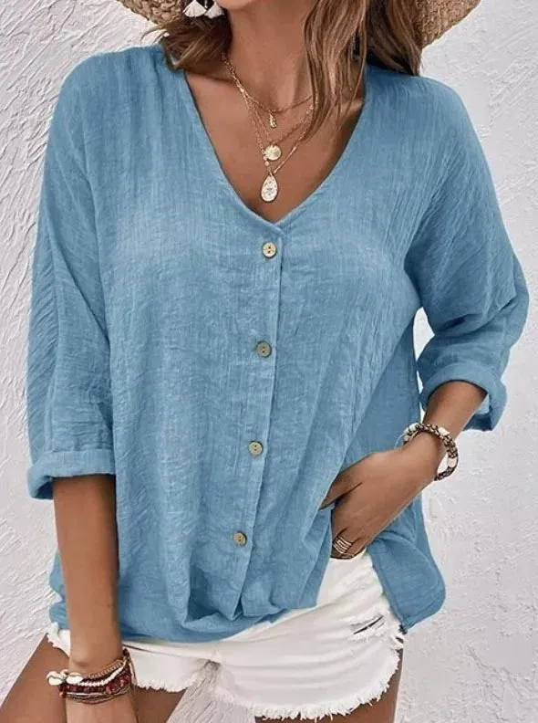 Tania - Long-sleeved V-neck top with comfortable buttons in cotton and linen
