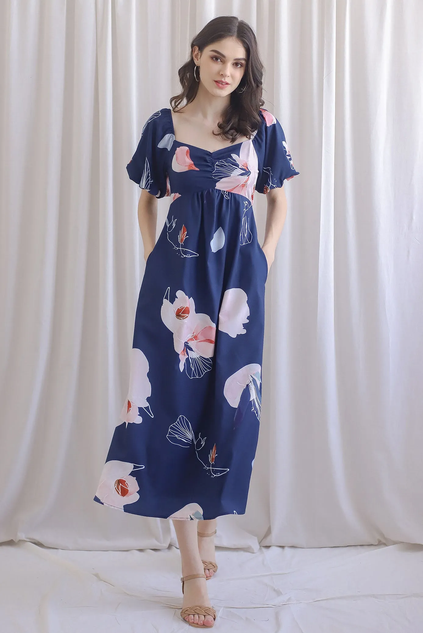 TDC Rapunzel Floral Puffy Sleeve Bustier Maxi Dress In Navy Blue