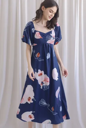 TDC Rapunzel Floral Puffy Sleeve Bustier Maxi Dress In Navy Blue