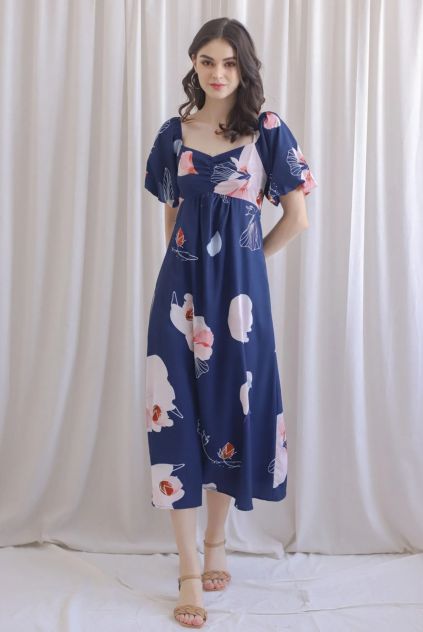 TDC Rapunzel Floral Puffy Sleeve Bustier Maxi Dress In Navy Blue