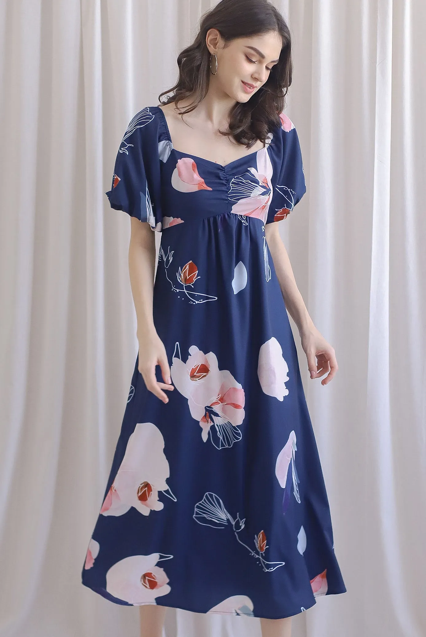 TDC Rapunzel Floral Puffy Sleeve Bustier Maxi Dress In Navy Blue