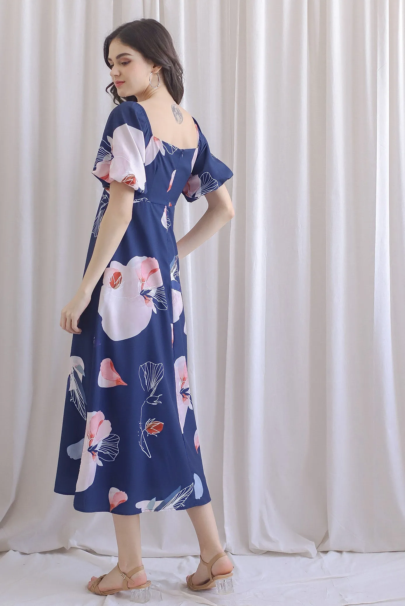 TDC Rapunzel Floral Puffy Sleeve Bustier Maxi Dress In Navy Blue