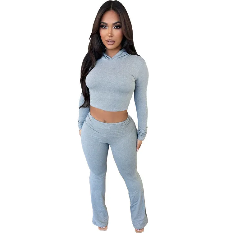 Trendy Hooded Long Sleeve Crop Top and Flared Pants Two-Piece Set