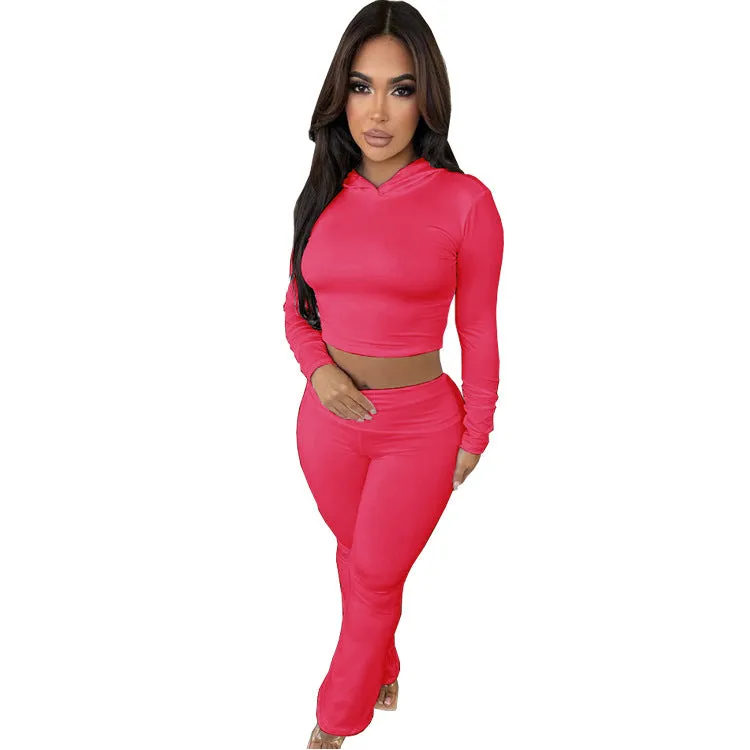 Trendy Hooded Long Sleeve Crop Top and Flared Pants Two-Piece Set