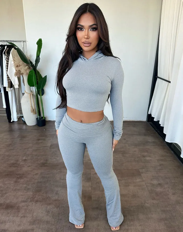 Trendy Hooded Long Sleeve Crop Top and Flared Pants Two-Piece Set