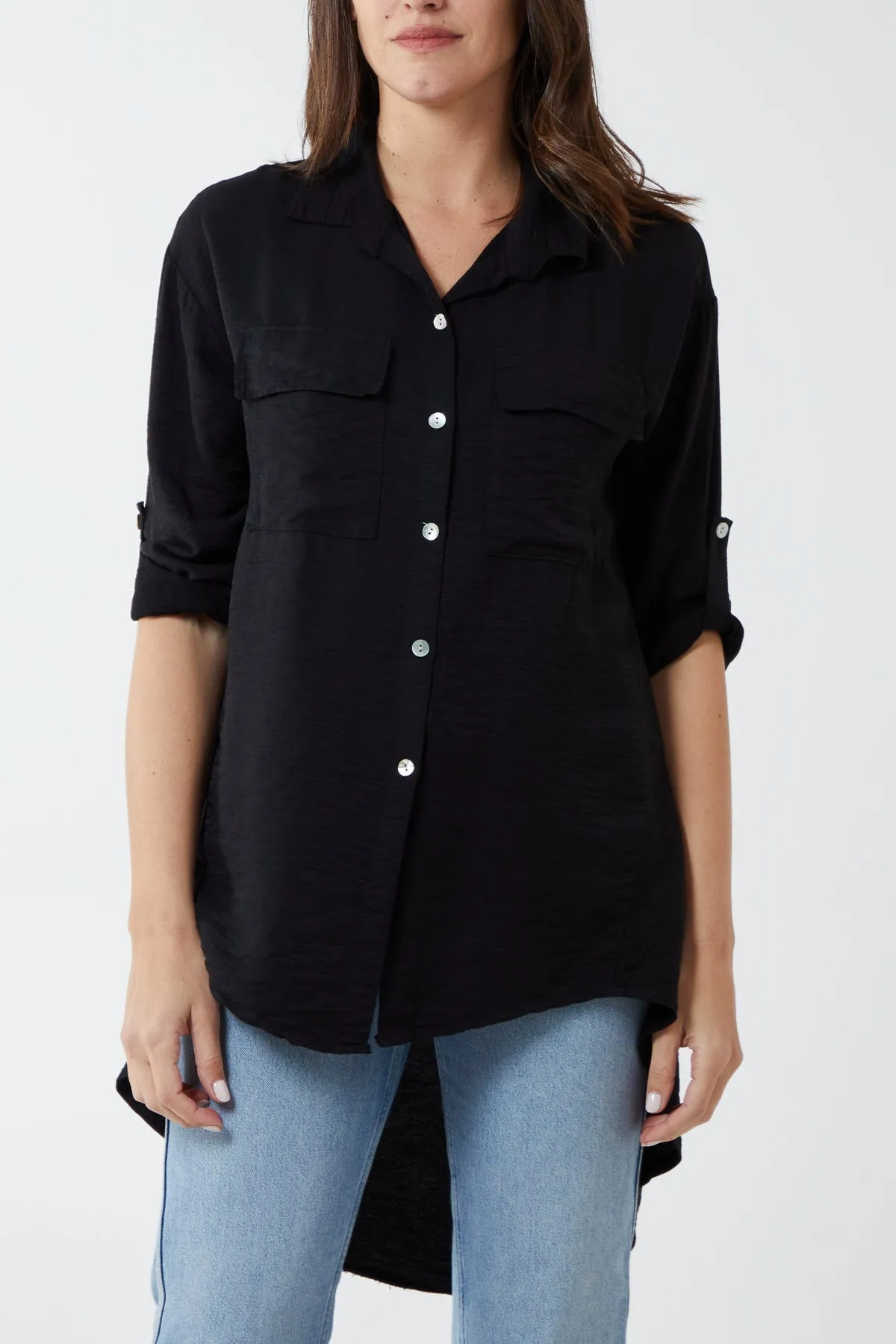 Two Pocket Asymmetric Hem Cotton Shirt