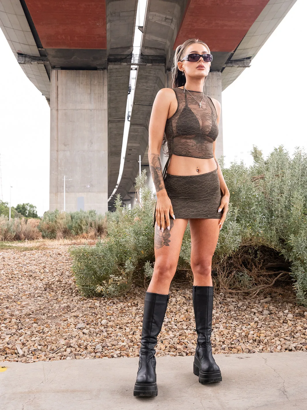 UNITY MESH SKIRT - KHAKI LACE
