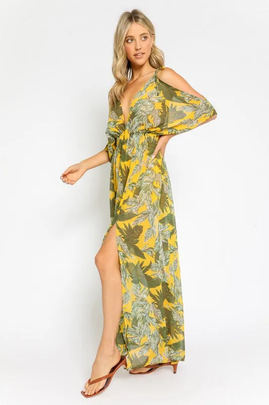 V-Neck Cold Shoulders Leaves Print Maxi Dress