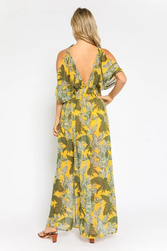 V-Neck Cold Shoulders Leaves Print Maxi Dress