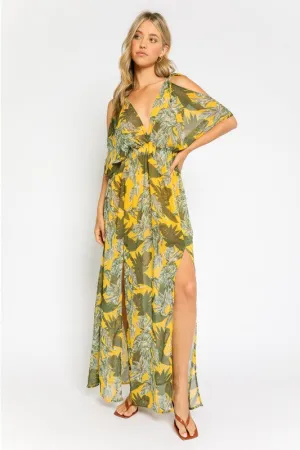 V-Neck Cold Shoulders Leaves Print Maxi Dress